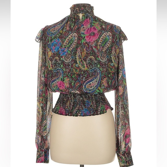 Lavender Brown Paisley & Floral Smocked Blouse with Mandarin Collar Size Large L - Picture 6 of 8